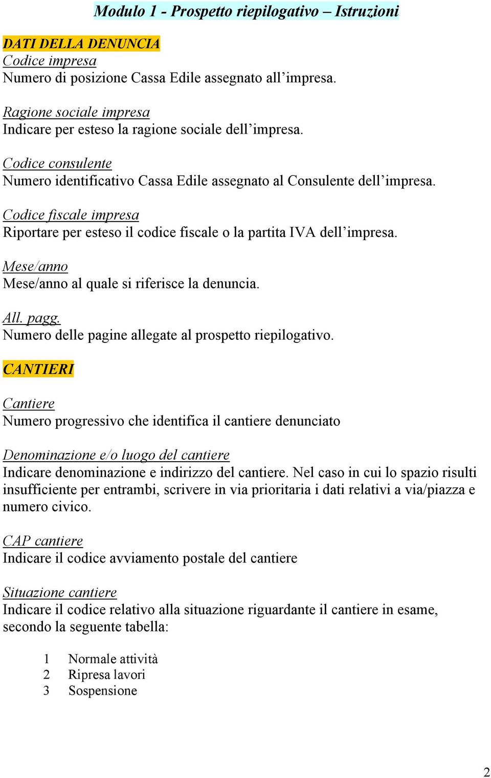 Codice fiscale impresa Riportare per esteso il codice fiscale o la partita IVA dell impresa. Mese/anno Mese/anno al quale si riferisce la denuncia. All. pagg.