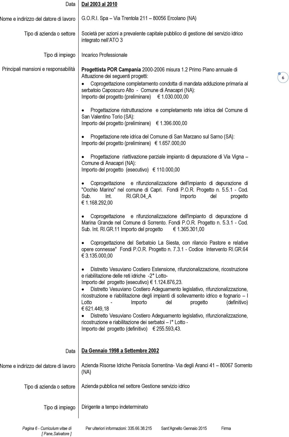 (preliminare) 1.030.000,00 Progettazione ristrutturazione e completamento rete idrica del Comune di San Valentino Torio (SA): Importo del progetto (preliminare) 1.396.