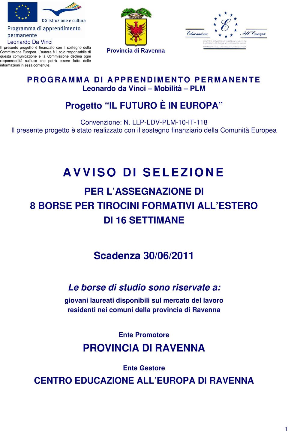 P R O G R A M M A D I A P P R E N D I M E N T O P E R M A N E N T E Leonardo da Vinci Mobilità PLM Progetto IL FUTURO È IN EUROPA Convenzione: N.