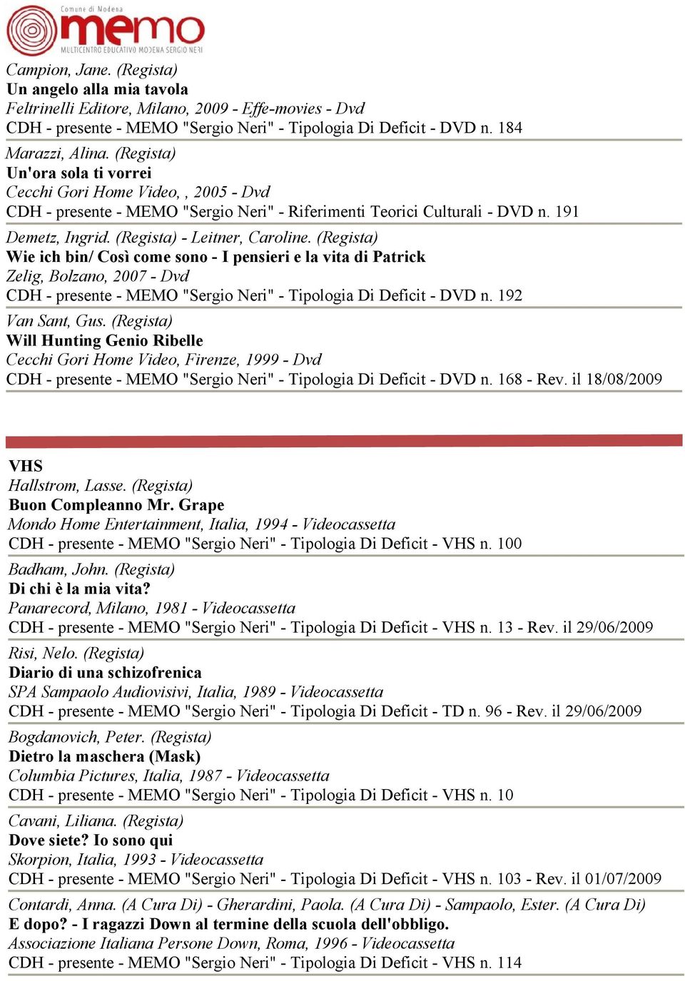 (Regista) Wie ich bin/ Così come sono - I pensieri e la vita di Patrick Zelig, Bolzano, 2007 - Dvd CDH - presente - MEMO "Sergio Neri" - Tipologia Di Deficit - DVD n. 192 Van Sant, Gus.