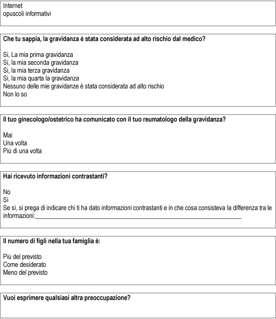 rischio n lo so Il tuo ginecologo/ostetrico ha comunicato con il tuo reumatologo della gravidanza? Mai Una volta Più di una volta Hai ricevuto informazioni contrastanti?