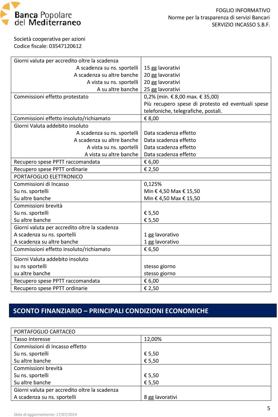 sportelli Data scadenza effetto A vista su altre banche Data scadenza effetto PORTAFOGLIO ELETTRONICO Commissioni di Incasso 0,125% Min 4,50 Max 15,50 Min 4,50 Max 15,50 1 gg lavorativo A scadenza su