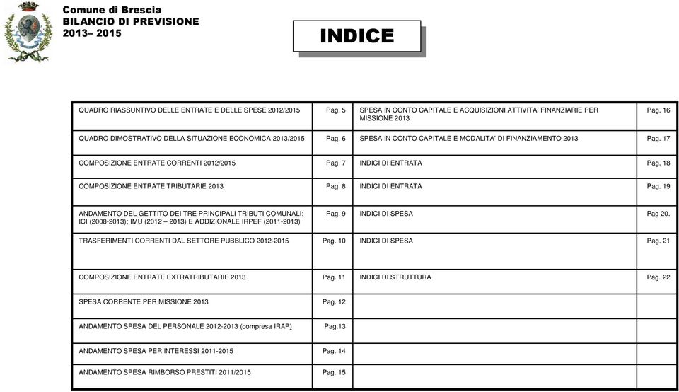 18 COMPOSIZIONE ENTRATE TRIBUTARIE 213 Pag. 8 INDICI DI ENTRATA Pag. 19 ANDAMENTO DEL GETTITO DEI TRE PRINCIPALI TRIBUTI COMUNALI: ICI (28-213); IMU (212 213) E ADDIZIONALE IRPEF (211-213) Pag.