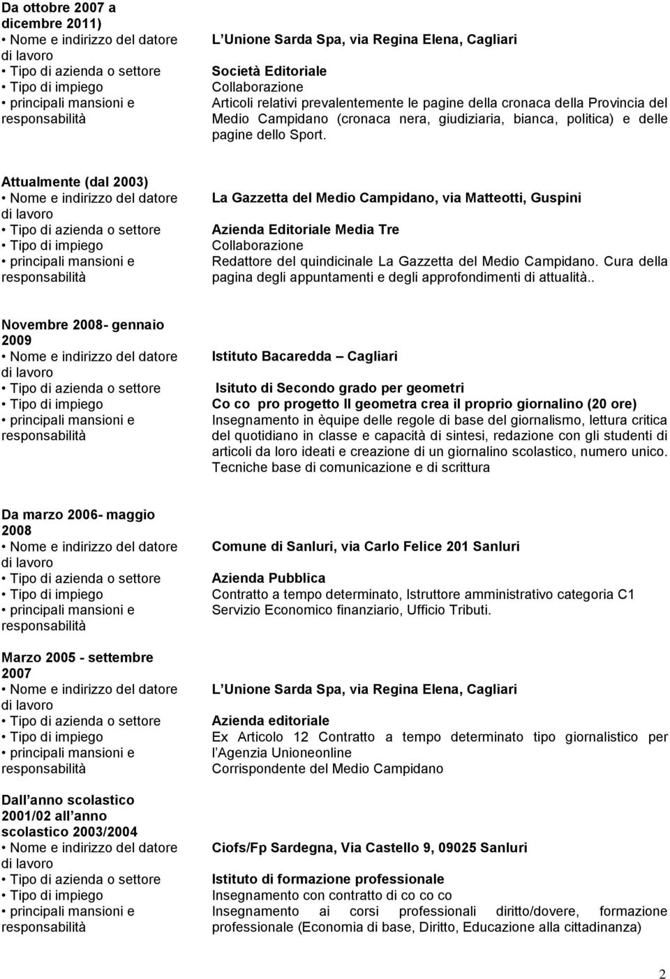 Attualmente (dal 2003) La Gazzetta del Medio Campidano, via Matteotti, Guspini Azienda Editoriale Media Tre Redattore del quindicinale La Gazzetta del Medio Campidano.