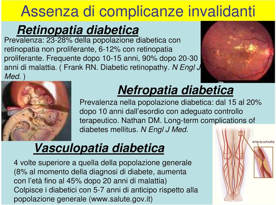 ) Vasculopatia diabetica Nefropatia diabetica Prevalenza nella popolazione diabetica: dal 15 al 20% dopo 10 anni dall esordio con adeguato controllo terapeutico. Nathan DM.