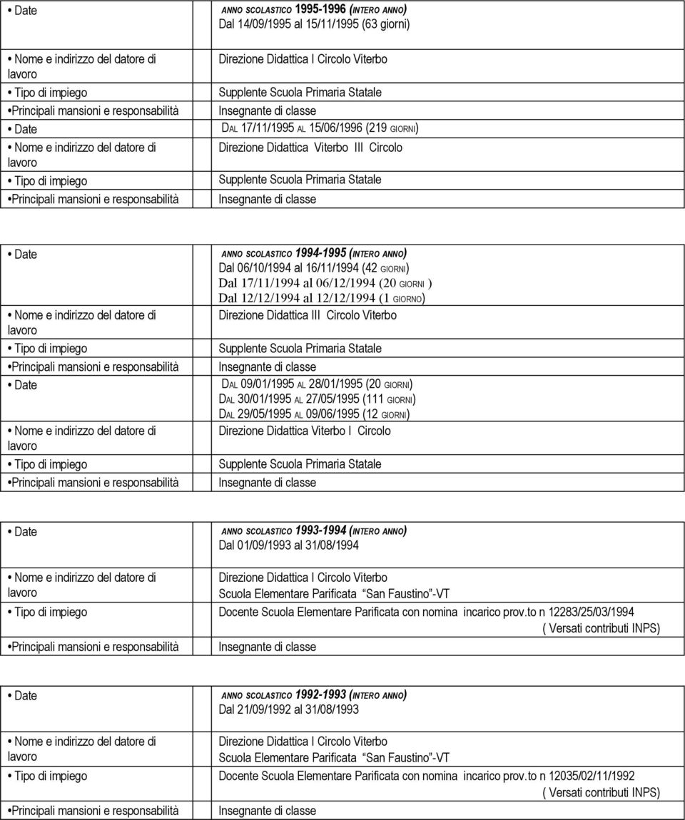 (20 GIORNI) DAL 30/01/1995 AL 27/05/1995 (111 GIORNI) DAL 29/05/1995 AL 09/06/1995 (12 GIORNI) Direzione Didattica Viterbo I Circolo ANNO SCOLASTICO 1993-1994 (INTERO ANNO) Dal 01/09/1993 al