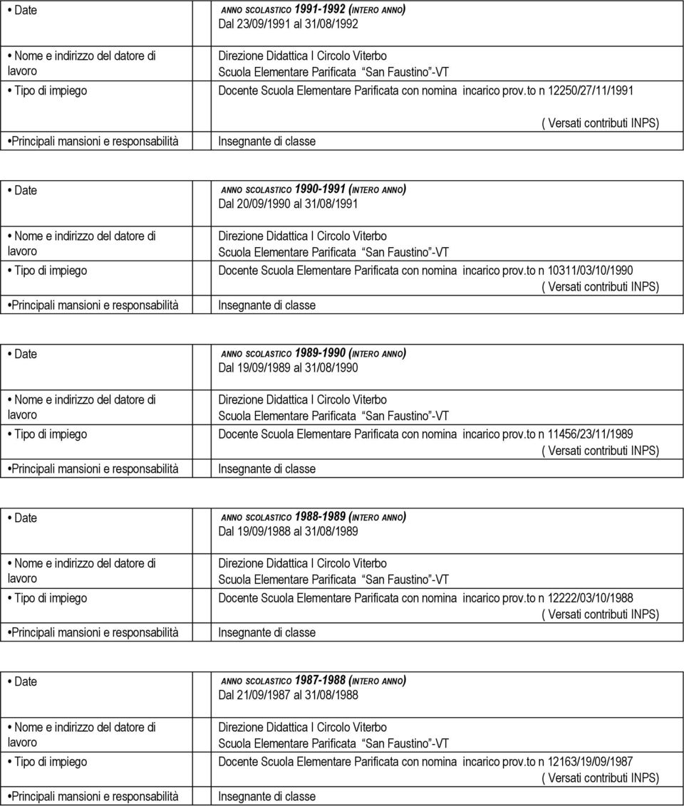 to n 10311/03/10/1990 ANNO SCOLASTICO 1989-1990 (INTERO ANNO) Dal 19/09/1989 al 31/08/1990 Docente Scuola Elementare Parificata con nomina incarico prov.