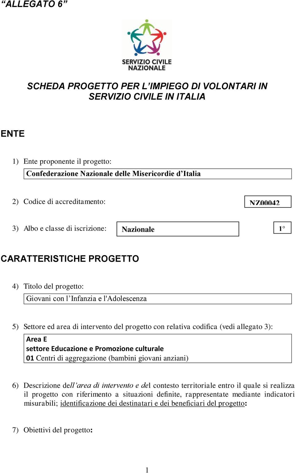 progetto con relativa codifica (vedi allegato 3): Area E settore Educazione e Promozione culturale 01 Centri di aggregazione (bambini giovani anziani) 6) Descrizione dell area di intervento e del