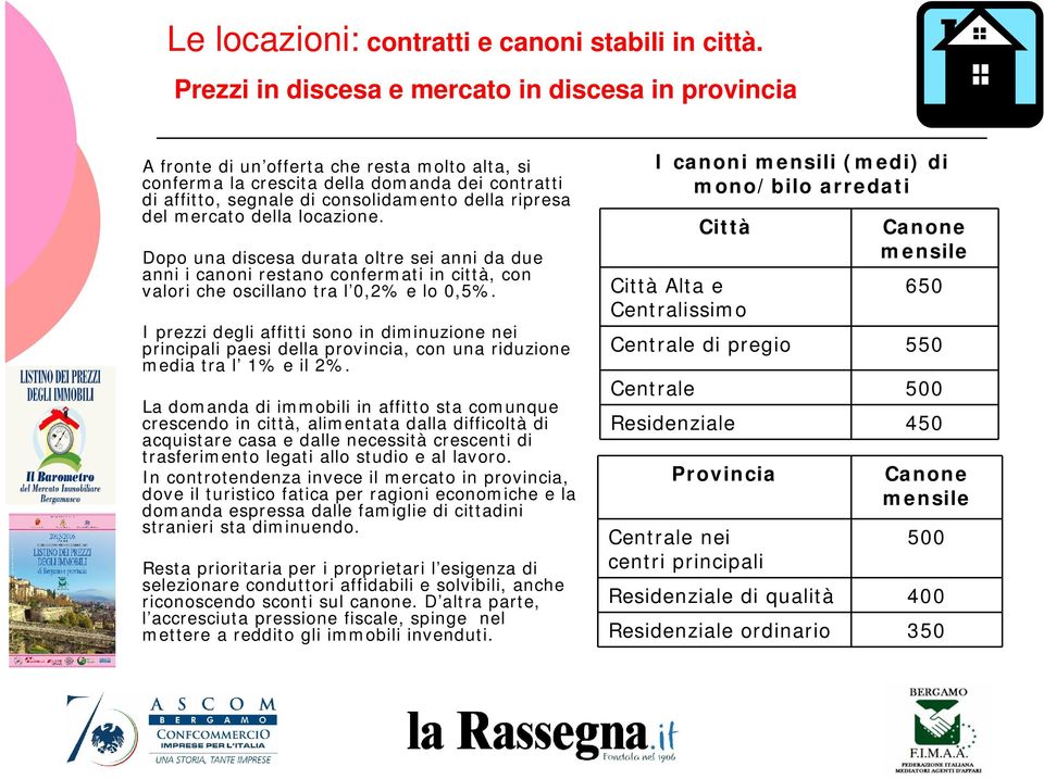 ripresa del mercato della locazione. Dopo una discesa durata oltre sei anni da due anni i canoni restano confermati in città, con valori che oscillano tra l 0,2% e lo 0,5%.