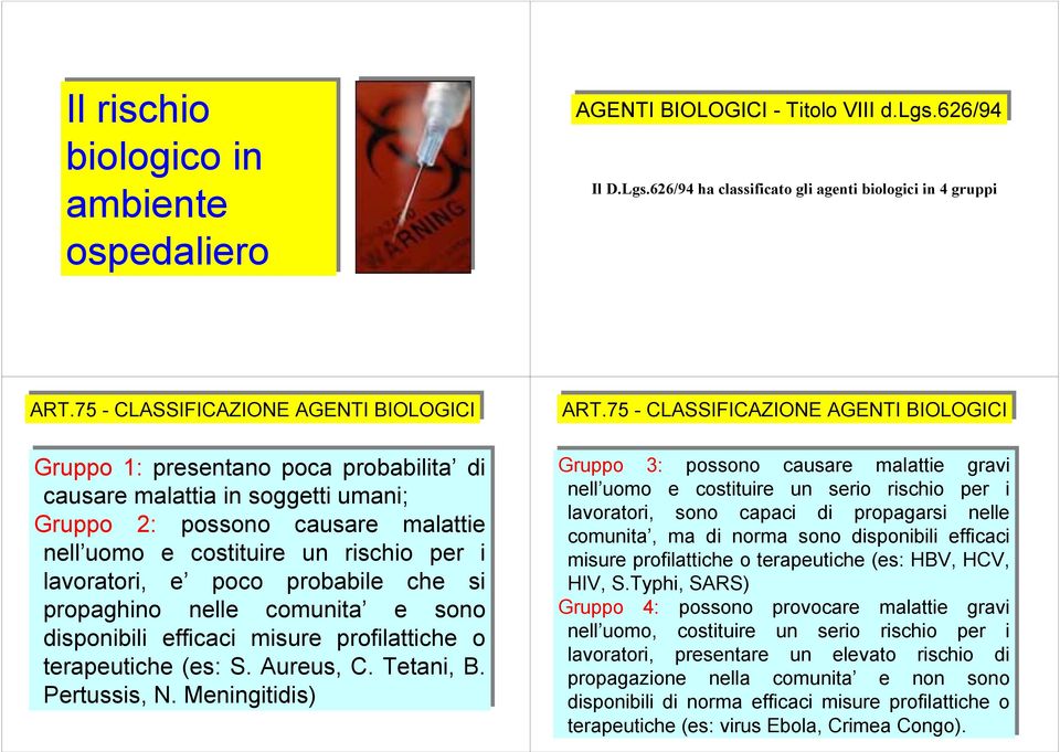 75 - CLASSIFICAZIONE AGENTI BIOLOGICI Gruppo 1: presentano poca probabilita di causare malattia in soggetti umani; Gruppo 2: possono causare malattie nell uomo e costituire un rischio per i