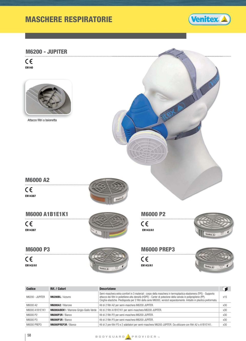 Predisposta per 2 fi ltri della serie M6000, venduti separatamente. Imballo in plastica preformata. M6000 A2 M6000A2 / Marrone Kit di 2 fi ltri A2 per semi-maschera M6200 JUPITER.