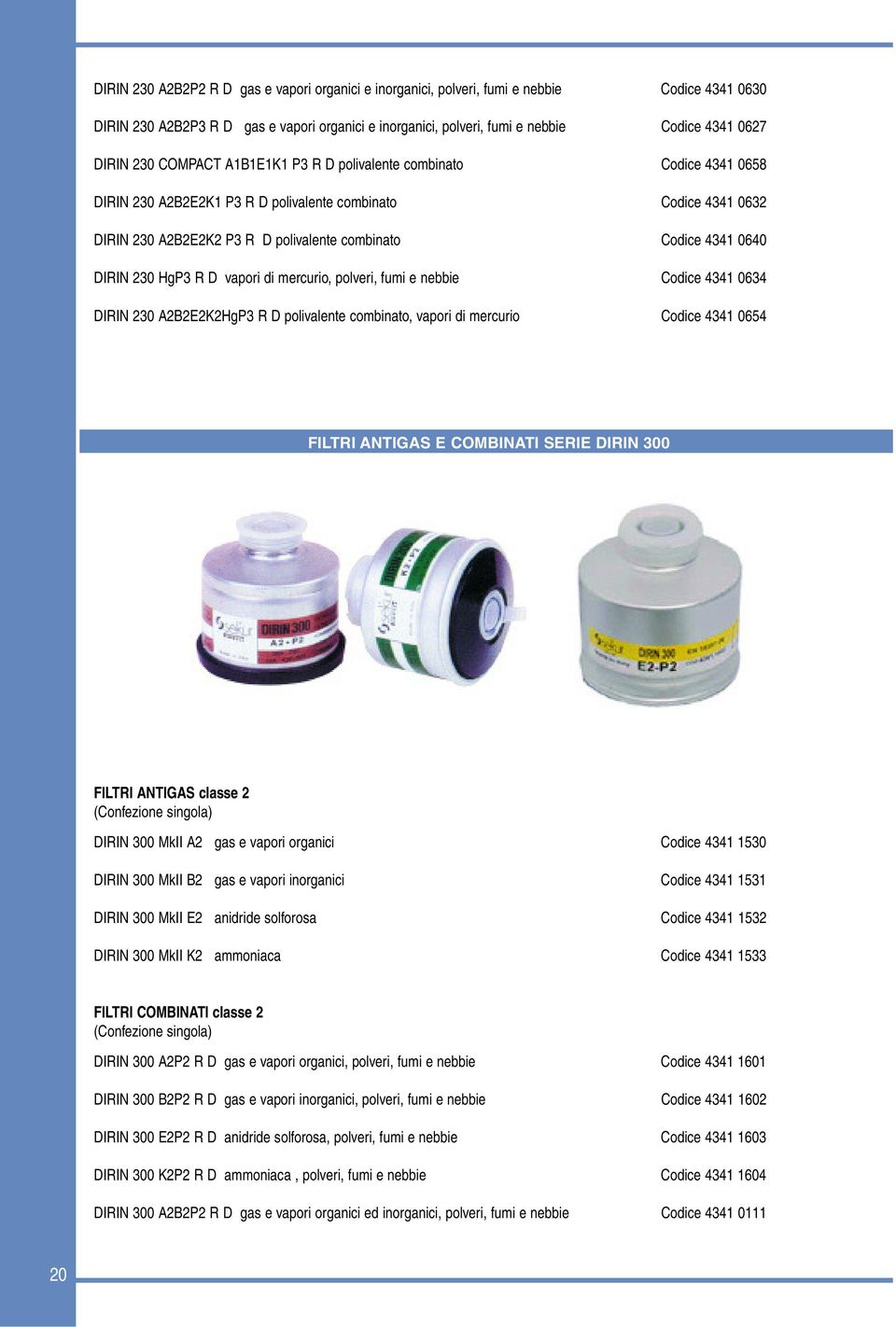 DIRIN 230 HgP3 R D vapori di mercurio, polveri, fumi e nebbie Codice 4341 0634 DIRIN 230 A2B2E2K2HgP3 R D polivalente combinato, vapori di mercurio Codice 4341 0654 FILTRI ANTIGAS E COMBINATI SERIE