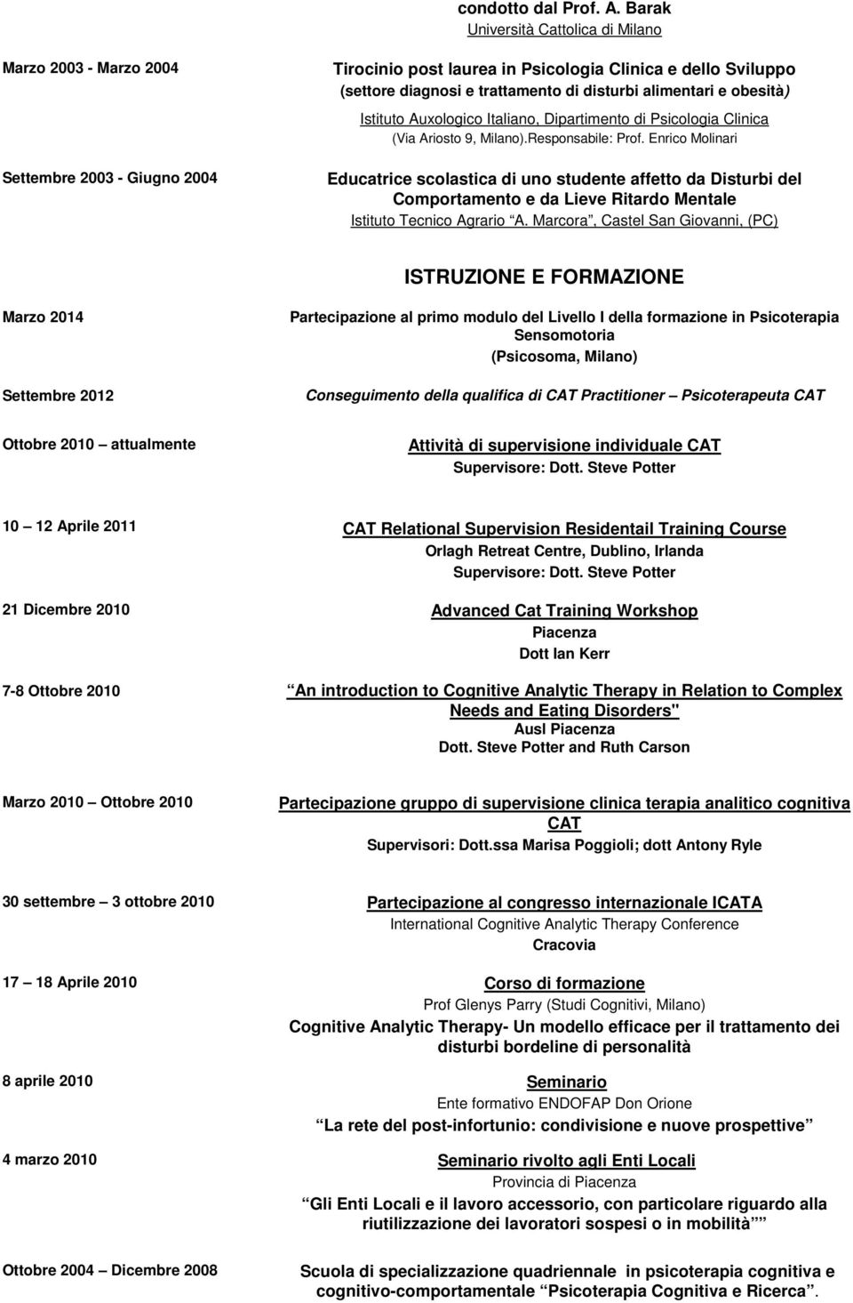 alimentari e obesità) Istituto Auxologico Italiano, Dipartimento di Psicologia Clinica (Via Ariosto 9, Milano).Responsabile: Prof.