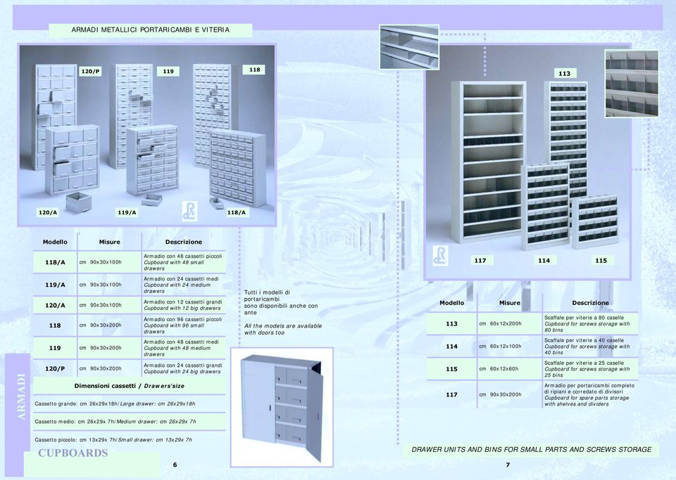 Cupboard with 96 small drawers Armadio con 48 cassetti medi Cupboard with 48 medium drawers Tutti i modelli di portaricambi sono disponibili anche con ante All the models are available with doors too