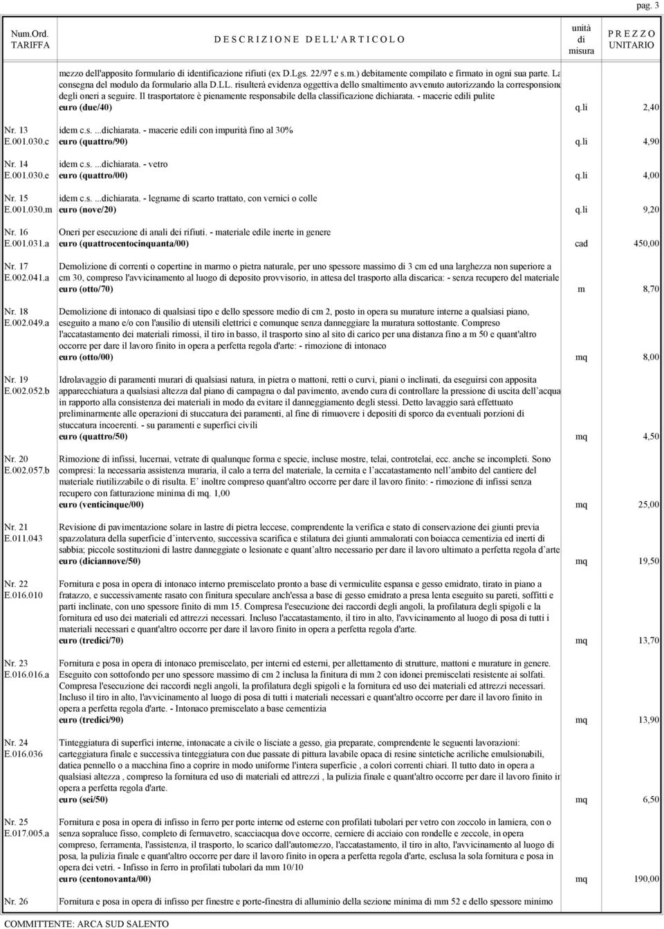 - macerie eli pulite euro (due/40) q.li 2,40 Nr. 13 idem c.s....chiarata. - macerie eli con impurità fino al 30% E.001.030.c euro (quattro/90) q.li 4,90 Nr. 14 idem c.s....chiarata. - vetro E.001.030.e euro (quattro/00) q.