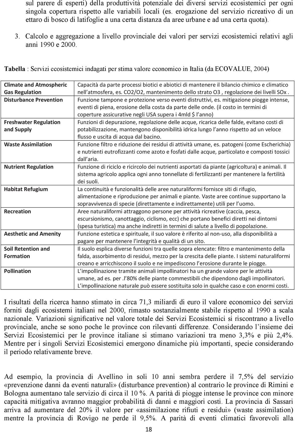 Calcolo e aggregazione a livello provinciale dei valori per servizi ecosistemici relativi agli anni 1990 e 2000.