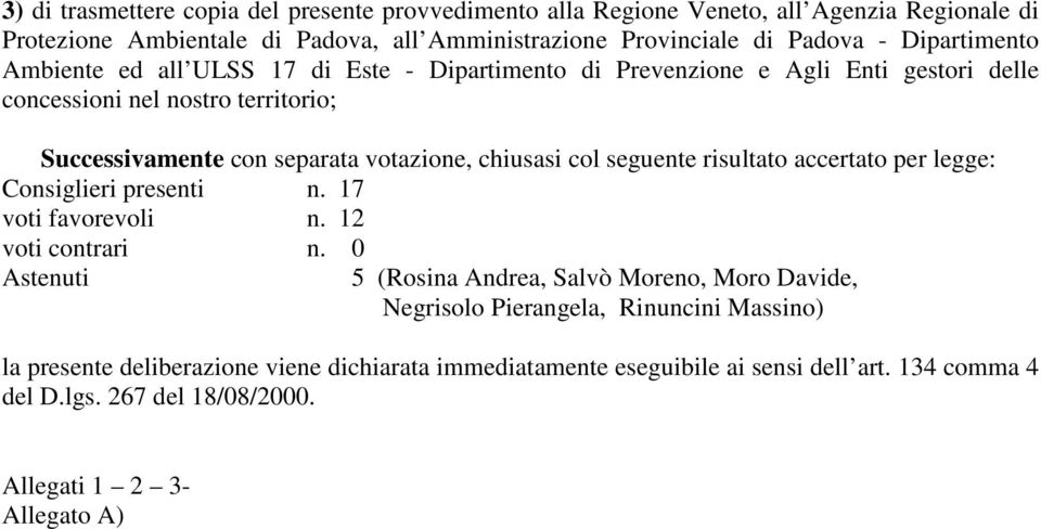 territorio; Successivamente con separata votazione, chiusasi col seguente risultato accertato per legge: voti contrari n.