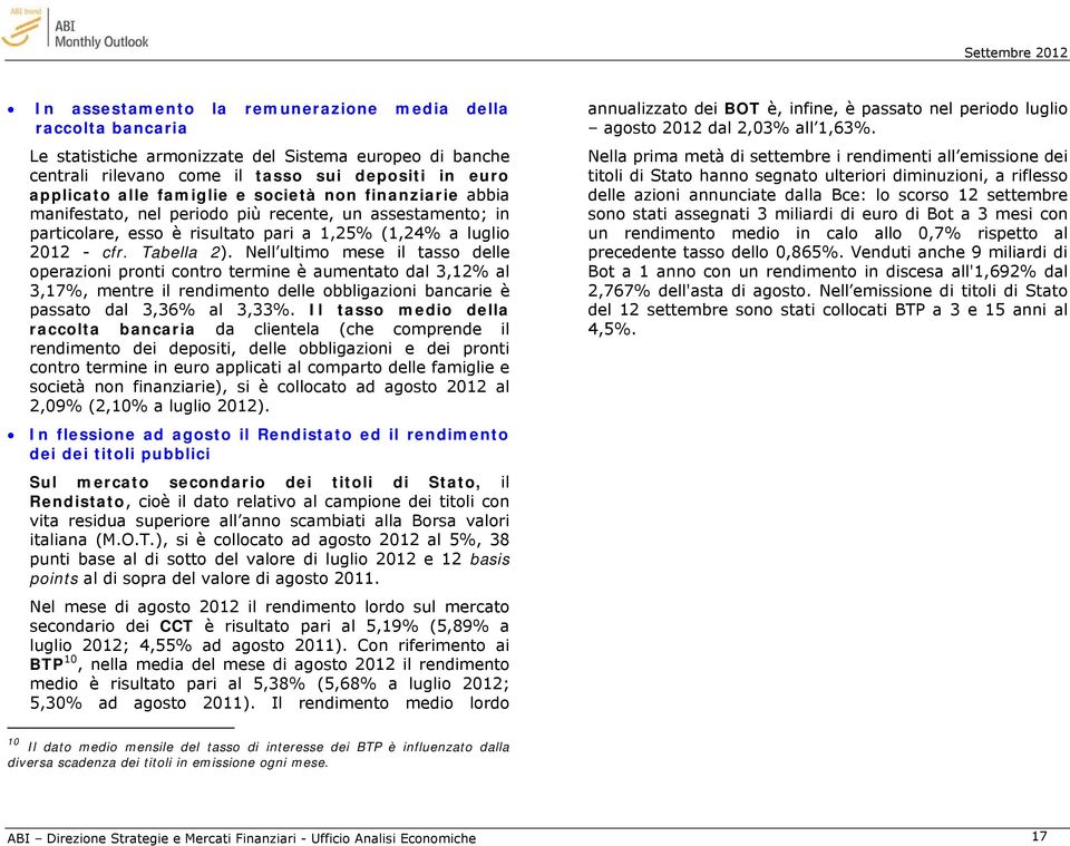 Nell ultimo mese il tasso delle operazioni pronti contro termine è aumentato dal 3,12% al 3,17%, mentre il rendimento delle obbligazioni bancarie è passato dal 3,36% al 3,33%.