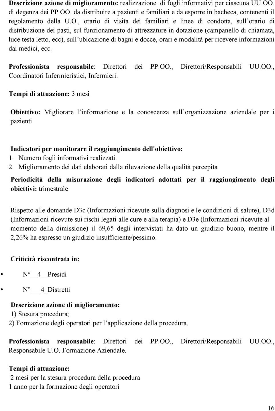 ubicazione di bagni e docce, orari e modalità per ricevere informazioni dai medici, ecc. Professionista responsabile: Direttori dei PP.OO., Direttori/Responsabili UU.OO., Coordinatori Infermieristici, Infermieri.