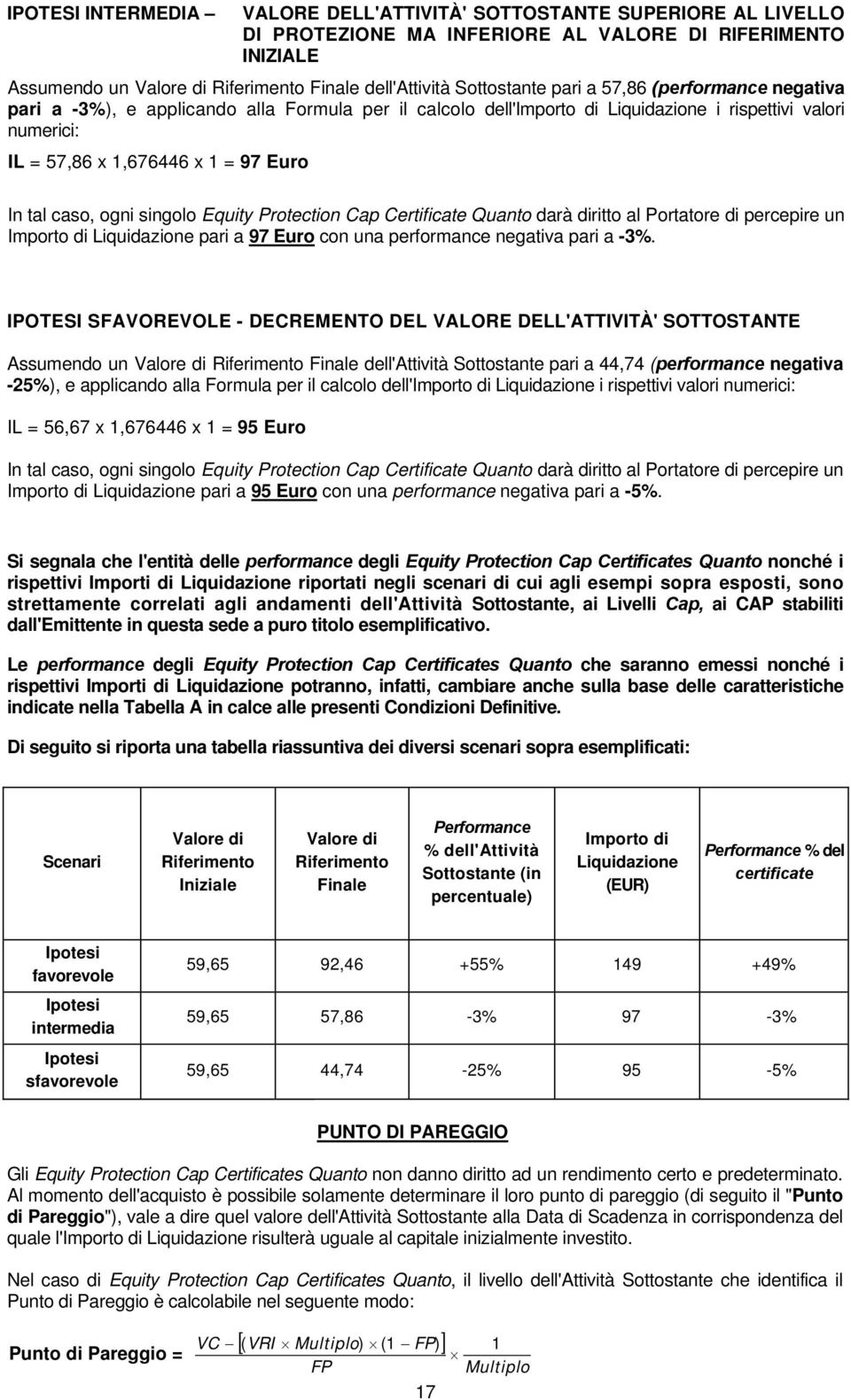 tal caso, ogni singolo Equity Protection Cap Certificate Quanto darà diritto al Portatore di percepire un Importo di Liquidazione pari a 97 Euro con una performance negativa pari a -3%.