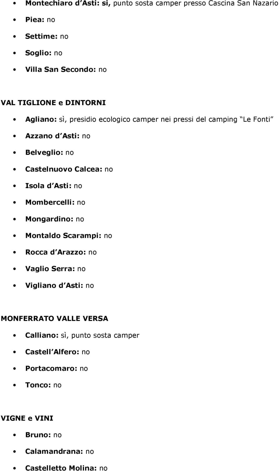 d Asti: no Mombercelli: no Mongardino: no Montaldo Scarampi: no Rocca d Arazzo: no Vaglio Serra: no Vigliano d Asti: no MONFERRATO VALLE