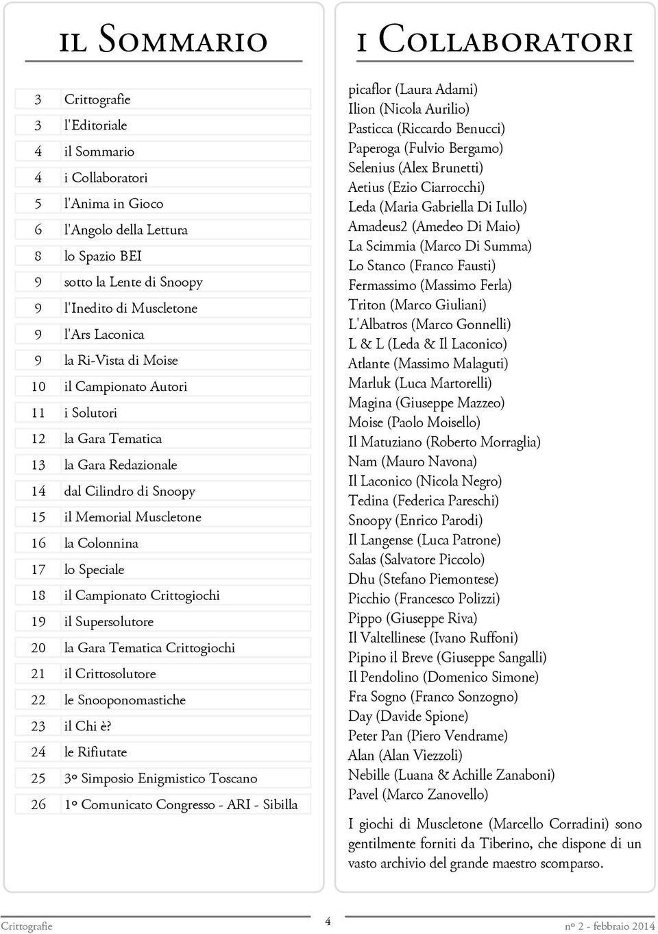 il Campionato Crittogiochi 19 il Supersolutore 20 la Gara Tematica Crittogiochi 21 il Crittosolutore 22 le Snooponomastiche 23 il Chi è?