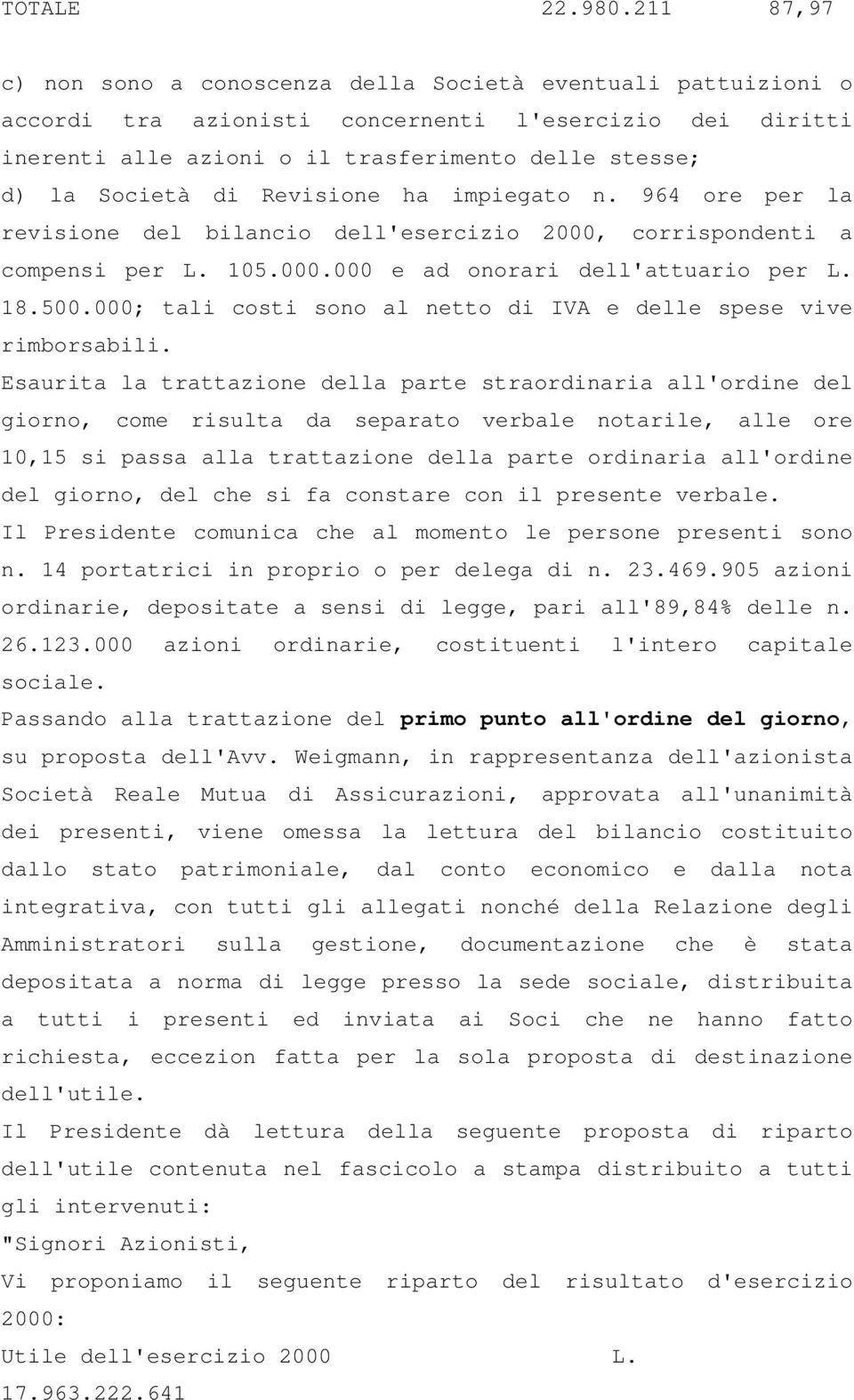 di Revisione ha impiegato n. 964 ore per la revisione del bilancio dell'esercizio 2000, corrispondenti a compensi per L. 105.000.000 e ad onorari dell'attuario per L. 18.500.