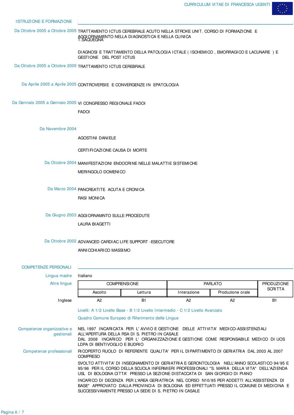 Aprile 2005 CONTROVERSIE E CONVERGENZE IN EPATOLOGIA Da Gennaio 2005 a Gennaio 2005 VI CONGRESSO REGIONALE FADOI FADOI Da Novembre 2004 AGOSTINI DANIELE CERTIFICAZIONE CAUSA DI MORTE Da Ottobre 2004