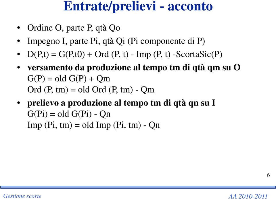 produzione al tempo tm di qtà qm su O G(P) = old G(P) + Qm Ord (P, tm) = old Ord (P, tm) - Qm