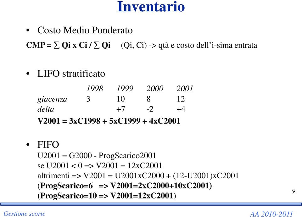 4xC2001 FIFO U2001 = G2000 - ProgScarico2001 se U2001 < 0 => V2001 = 12xC2001 altrimenti => V2001 =