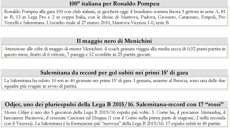 Il maggio nero di Menichini Attenzione alle cifre di maggio di mister Menichini: il coach granata viaggia alla media secca di,9 punti-partita in questo mese, frutto di 6 vittorie, 7 pareggi e