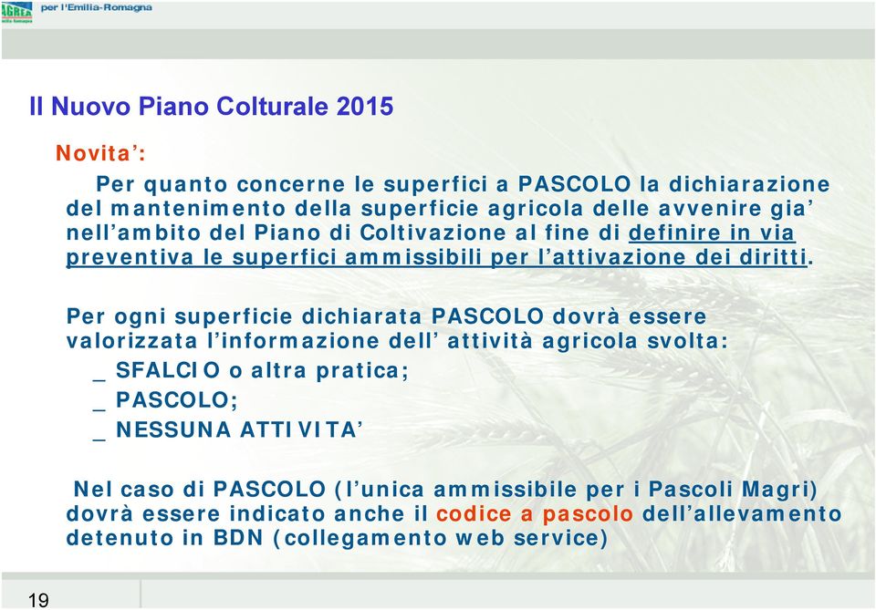 Per ogni superficie dichiarata PASCOLO dovrà essere valorizzata l informazione dell attività agricola svolta: _ SFALCIO o altra pratica; _ PASCOLO; _ NESSUNA