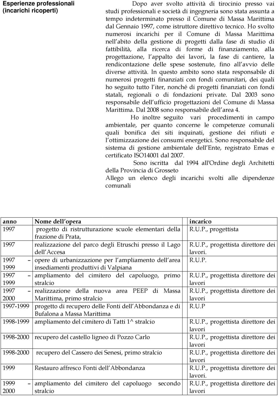 Ho svolto numerosi incarichi per il Comune di Massa Marittima nell abito della gestione di progetti dalla fase di studio di fattibilità, alla ricerca di forme di finanziamento, alla progettazione, l