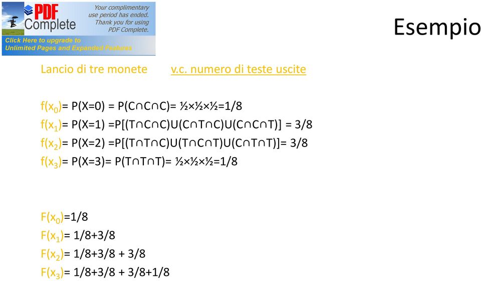 numero di teste uscite f(x 0 )= P(X=0) = P(C C C)= ½ ½ ½=1/8 f(x 1 )= P(X=1)