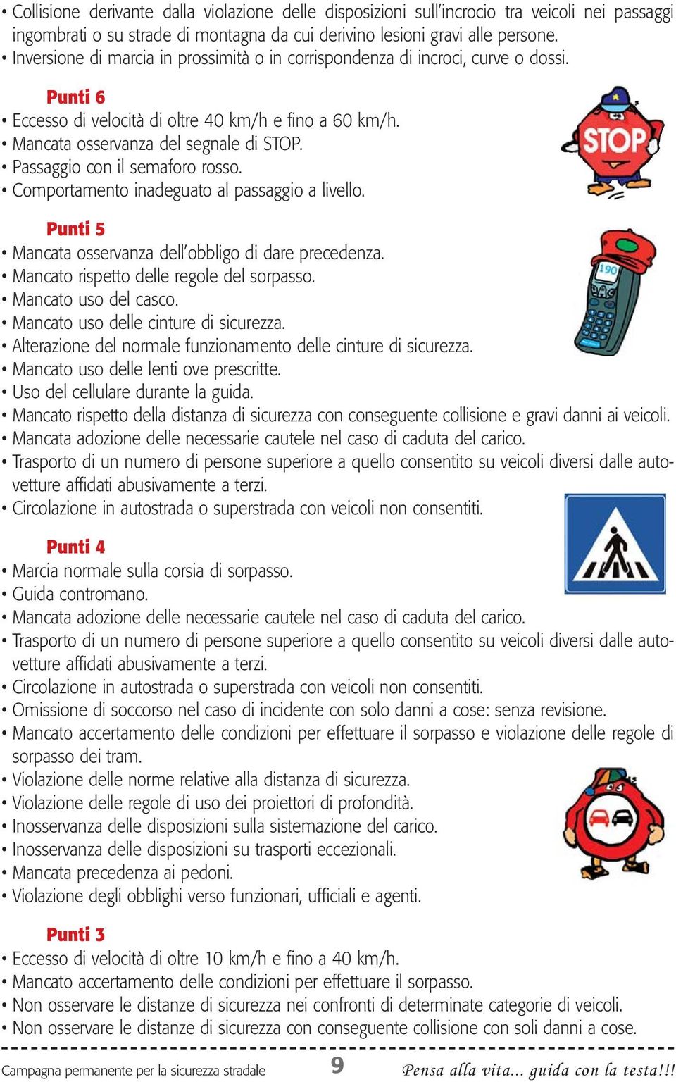 Passaggio con il semaforo rosso. Comportamento inadeguato al passaggio a livello. Punti 5 Mancata osservanza dell obbligo di dare precedenza. Mancato rispetto delle regole del sorpasso.