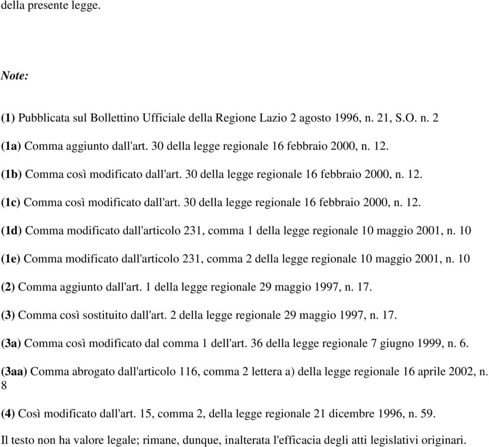 10 (1e) Comma modificato dall'articolo 231, comma 2 della legge regionale 10 maggio 2001, n. 10 (2) Comma aggiunto dall'art. 1 della legge regionale 29 maggio 1997, n. 17.