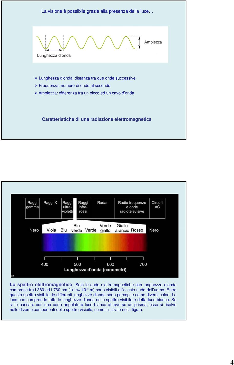 Solo le onde elettromagnetiche con lunghezze d onda comprese tra i 380 ed i 760 nm (1nm= 10-9 m) sono visibili all occhio nudo dell uomo.