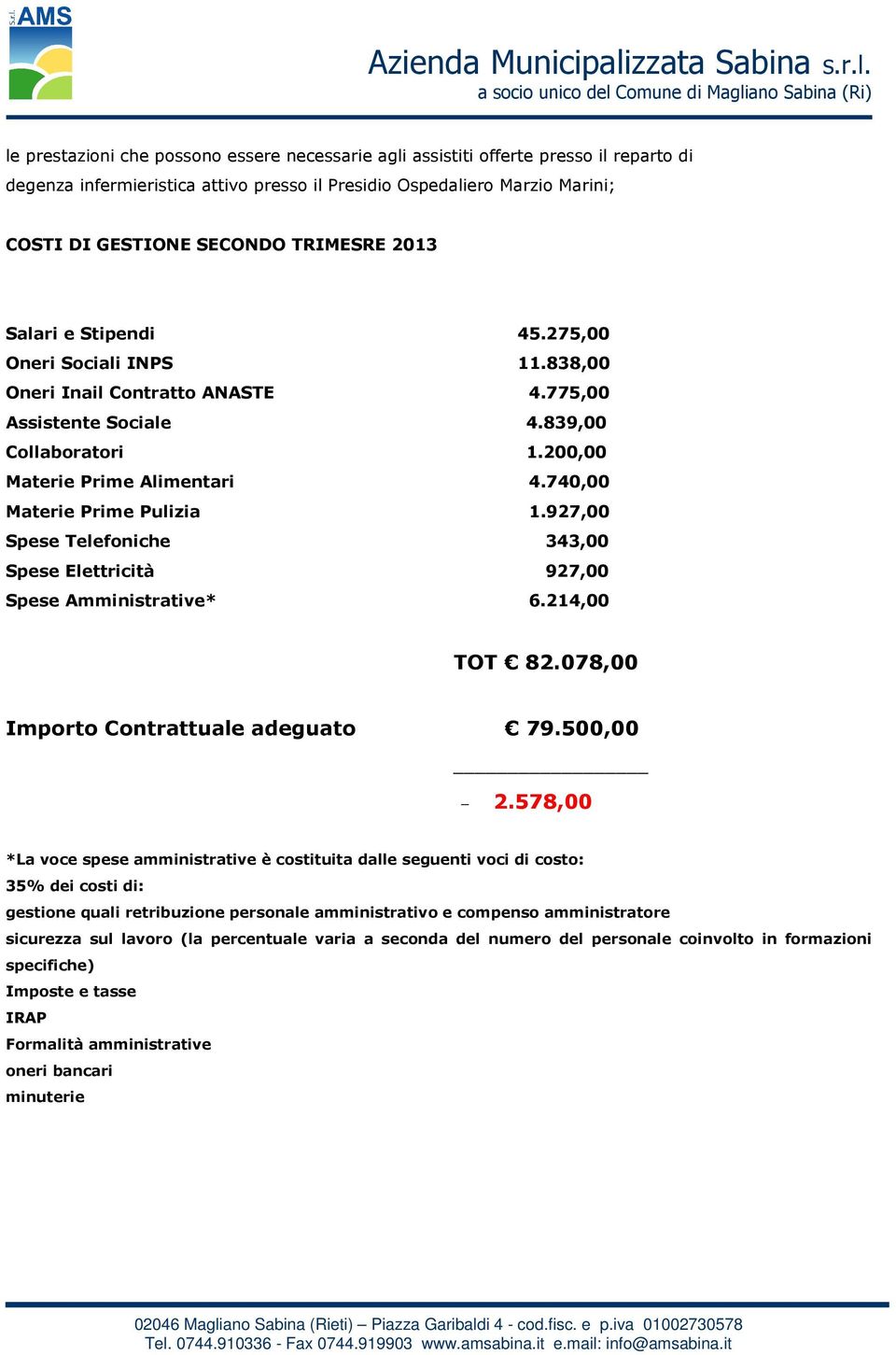 740,00 Materie Prime Pulizia 1.927,00 Spese Telefoniche 343,00 Spese Elettricità 927,00 Spese Amministrative* 6.214,00 TOT 82.078,00 Importo Contrattuale adeguato 79.500,00 2.