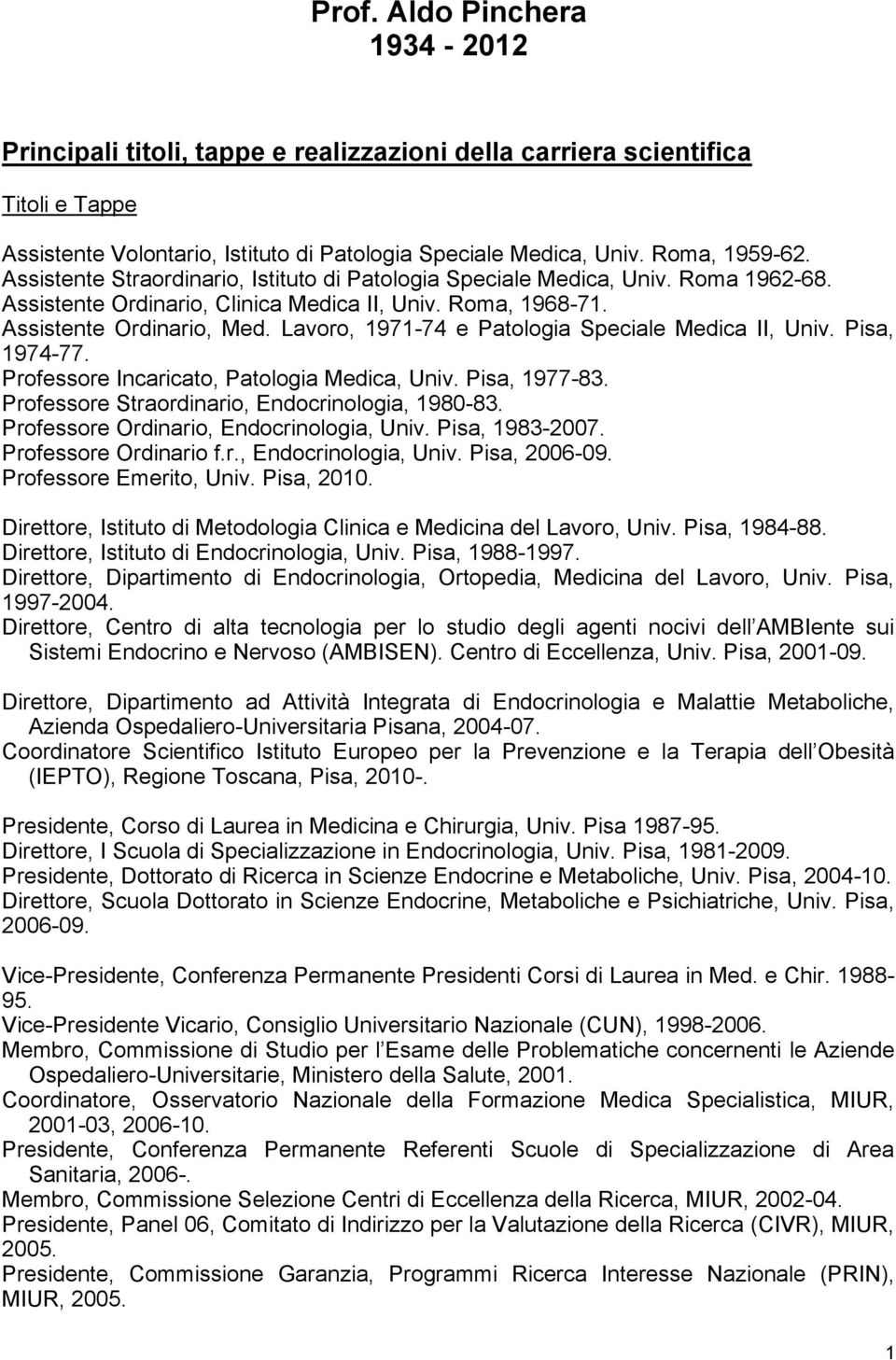 Lavoro, 1971-74 e Patologia Speciale Medica II, Univ. Pisa, 1974-77. Professore Incaricato, Patologia Medica, Univ. Pisa, 1977-83. Professore Straordinario, Endocrinologia, 1980-83.