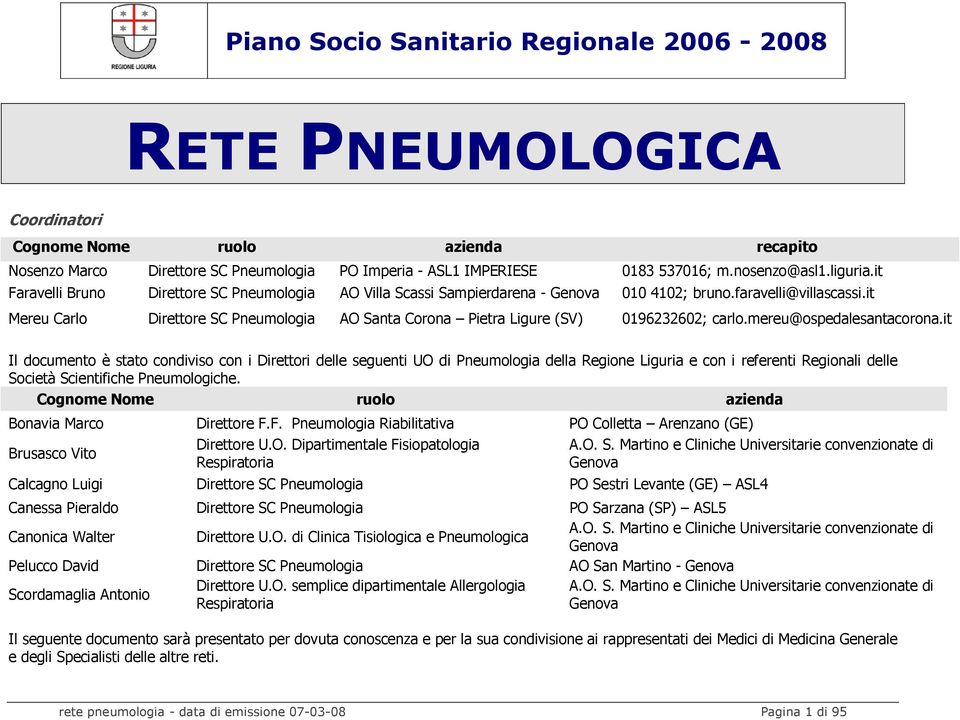 it Mereu Carlo Direttore SC Pneumologia AO Santa Corona Pietra Ligure (SV) 0196232602; carlo.mereu@ospedalesantacorona.