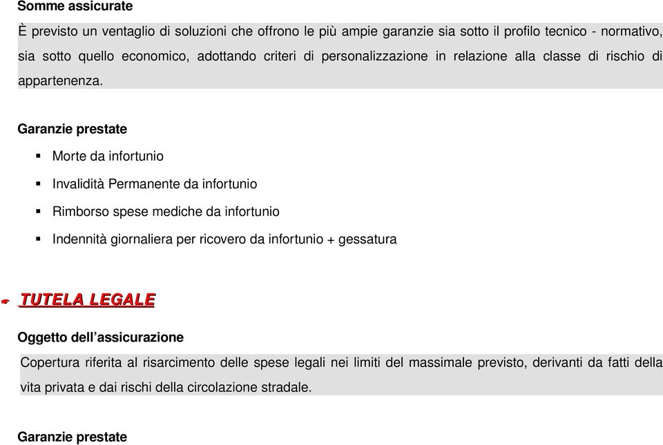 Garanzie prestate Morte da infortunio Invalidità Permanente da infortunio Rimborso spese mediche da infortunio Indennità giornaliera per ricovero da infortunio +