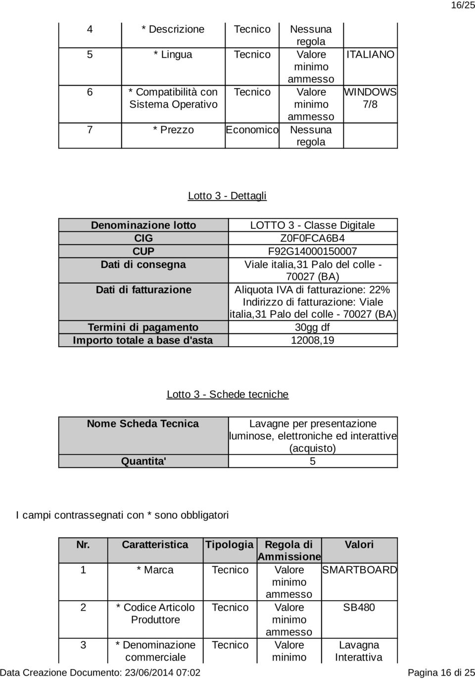 colle - 70027 (BA) Termini di pagamento 30gg df Importo totale a base d'asta 12008,19 Lotto 3 - Schede tecniche Nome Scheda Tecnica Lavagne per presentazione luminose, elettroniche ed interattive