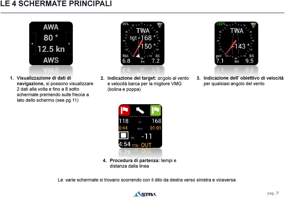 dello schermo (see pg 11) 2. Indicazione dei target: angolo al vento e velocità barca per la migliore VMG (bolina e poppa) 3.