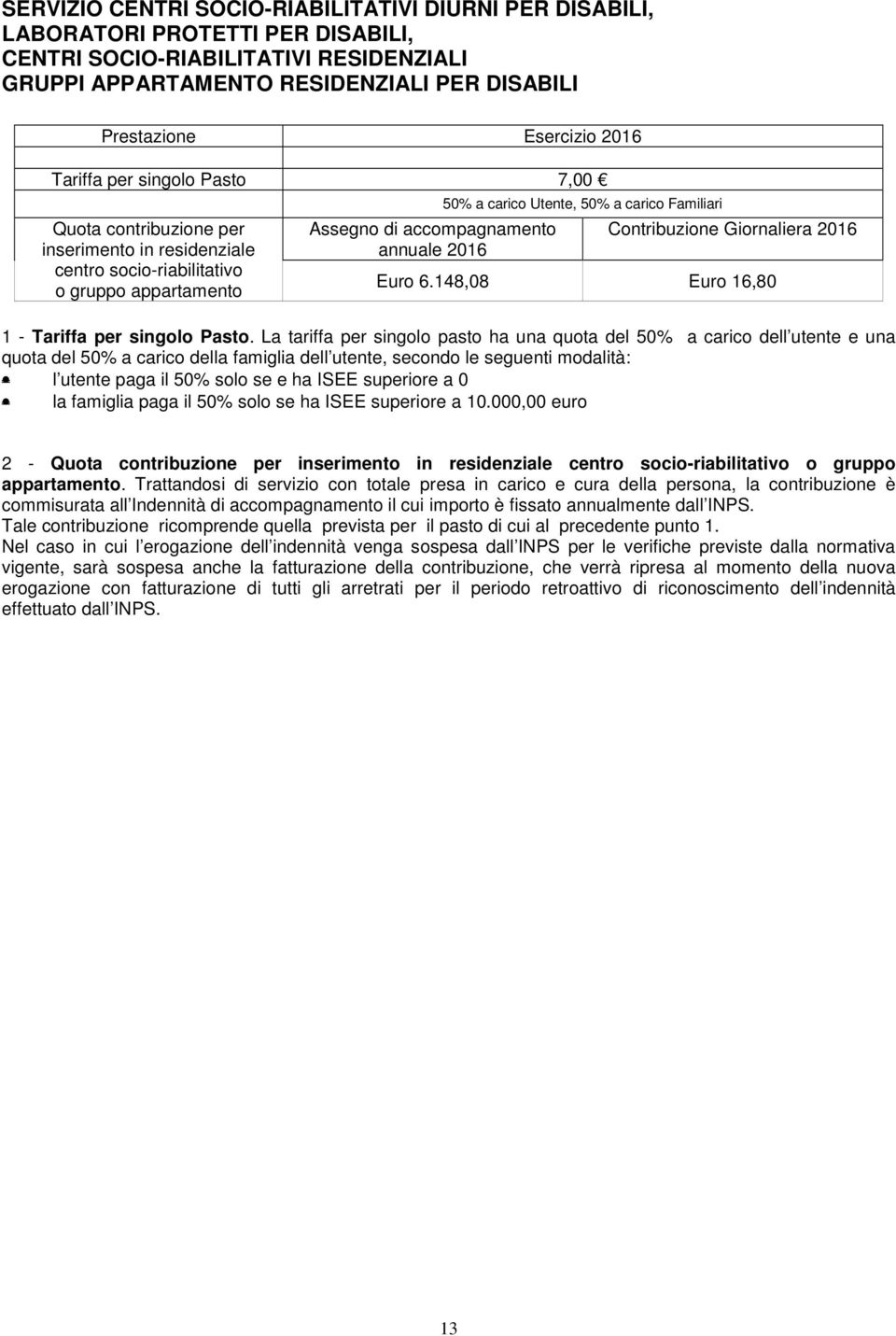 50% a carico Familiari Contribuzione Giornaliera 2016 Euro 6.148,08 Euro 16,80 1 - Tariffa per singolo Pasto.