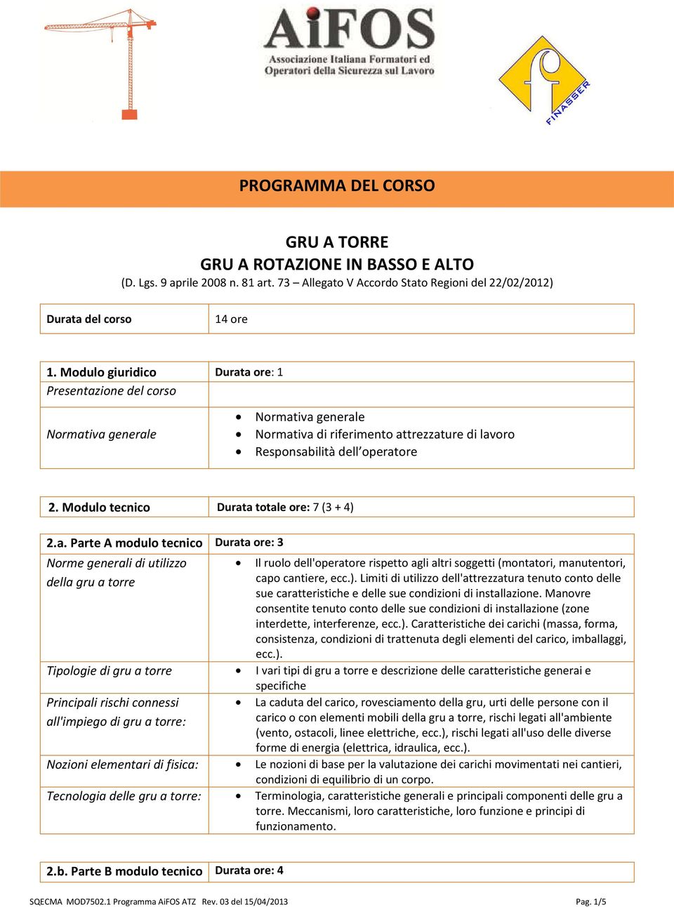 Modulo tecnico Durata totale ore: 7 (3 + 4) 2.a. Parte A modulo tecnico Durata ore: 3 Norme generali di utilizzo Il ruolo dell'operatore rispetto agli altri soggetti (montatori, manutentori, della gru a torre capo cantiere, ecc.