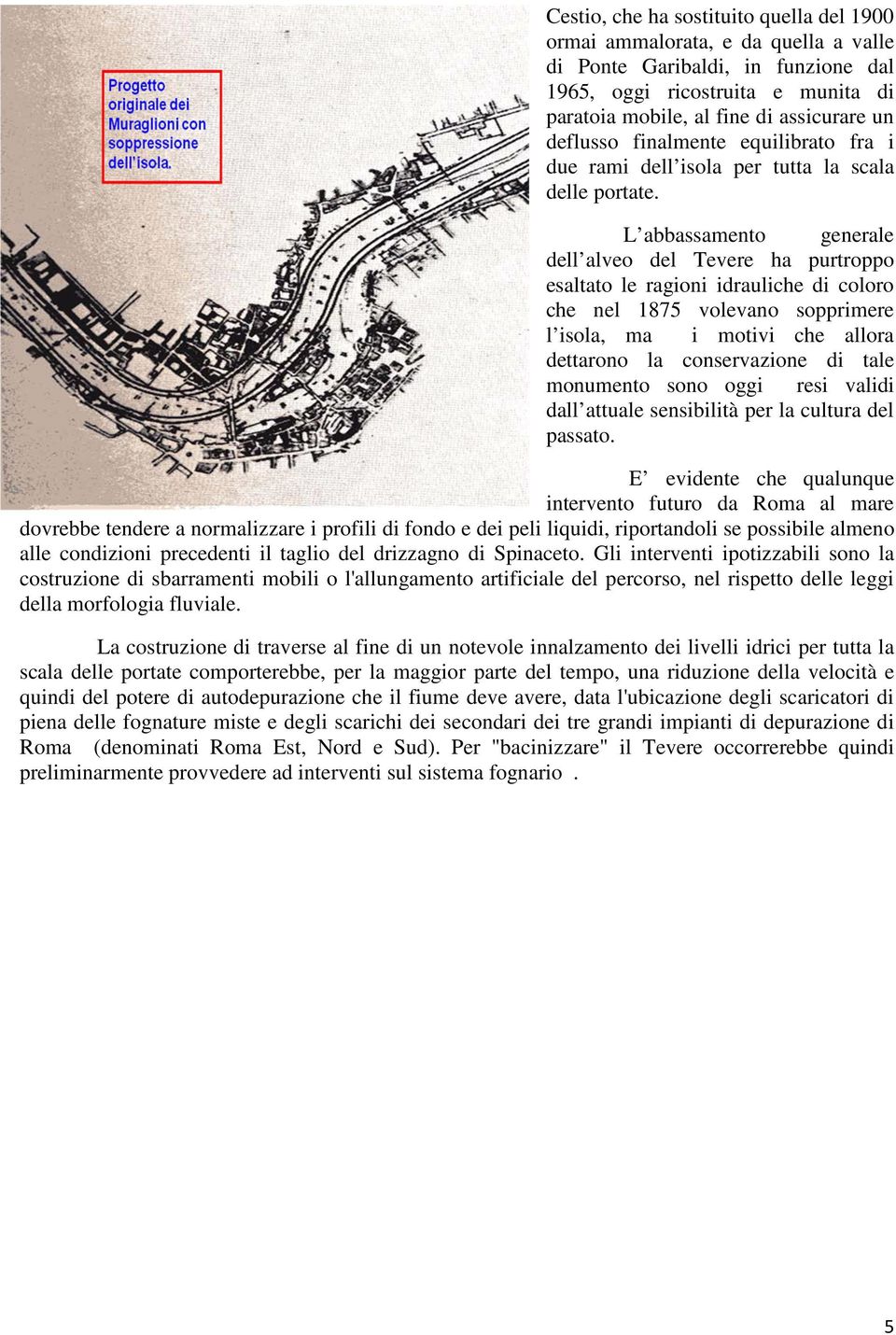 L abbassamento generale dell alveo del Tevere ha purtroppo esaltato le ragioni idrauliche di coloro che nel 1875 volevano sopprimere l isola, ma i motivi che allora dettarono la conservazione di tale