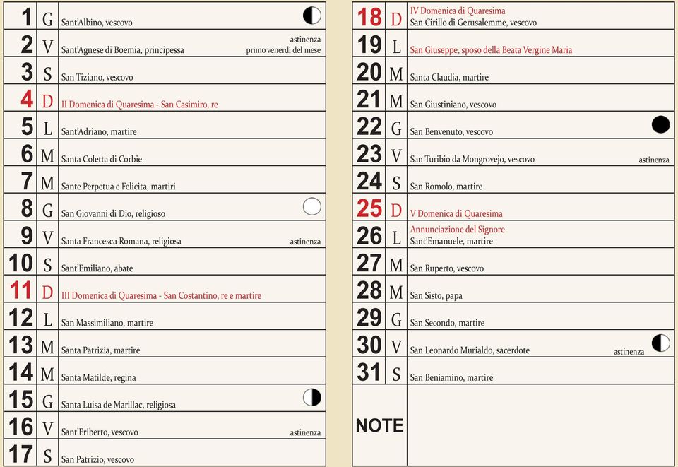 L San Massimiliano, martire 13 M Santa Patrizia, martire 14 M Santa Matilde, regina 15 G Santa Luisa de Marillac, religiosa 16 V Sant Eriberto, vescovo 17 S San Patrizio, vescovo astinenza primo