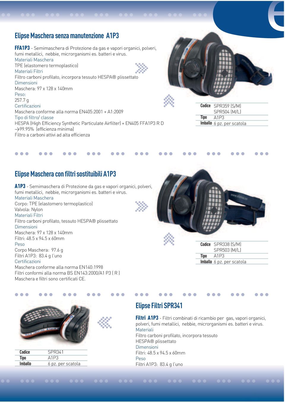 7 g Certificazioni Maschera conforme alla norma EN405:2001 + A1:2009 Tipo di filtro/ classe HESPA (High Efficiency Synthetic Particulate Airfilter) + EN405 FFA1P3 R D >99.