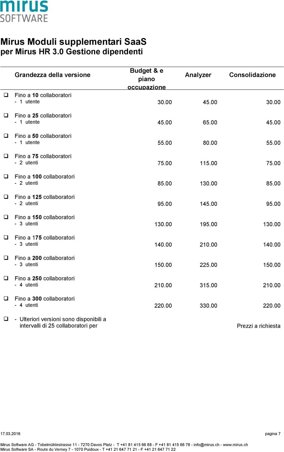 00 Fino a 100 collaboratori - 2 utenti 85.00 130.00 85.00 Fino a 125 collaboratori - 2 utenti 95.00 145.00 95.00 Fino a 150 collaboratori - 3 utenti 130.00 195.00 130.00 Fino a 175 collaboratori - 3 utenti 140.