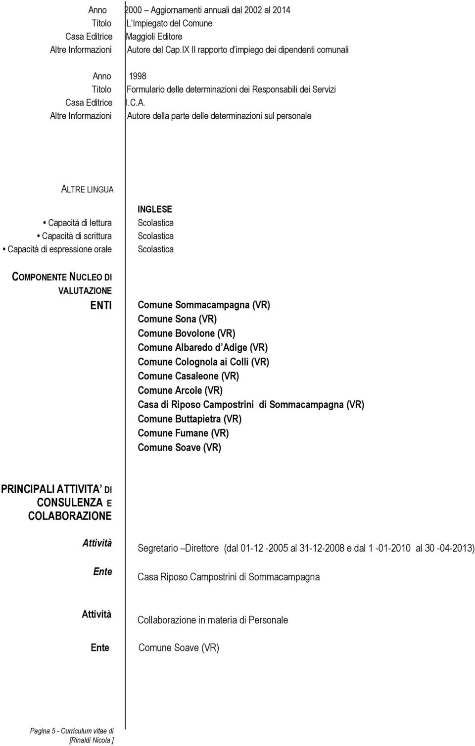 no 1998 Titolo Formulario delle determinazioni dei Responsabili dei Servizi Casa Editrice I.C.A.